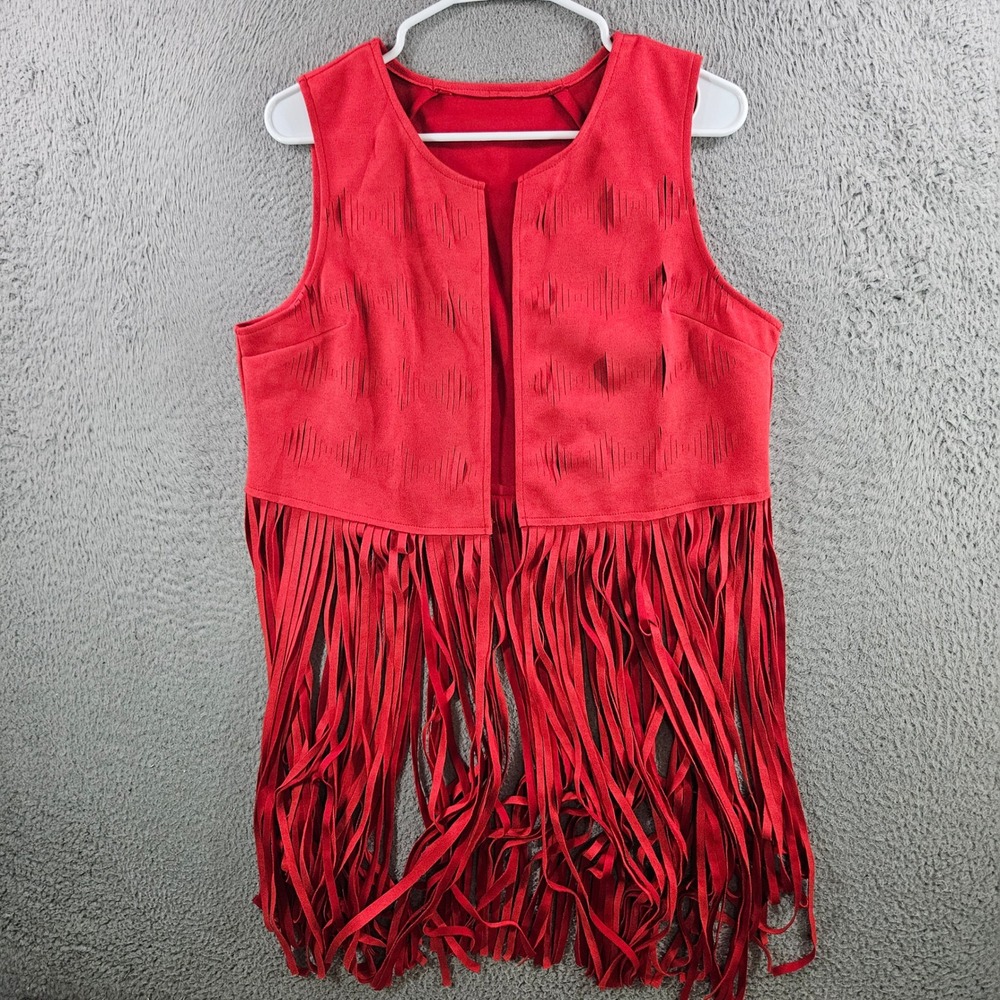 Red Faux Suede Long Fringe Vest Open Front Laser Cut Perforated Boho Western